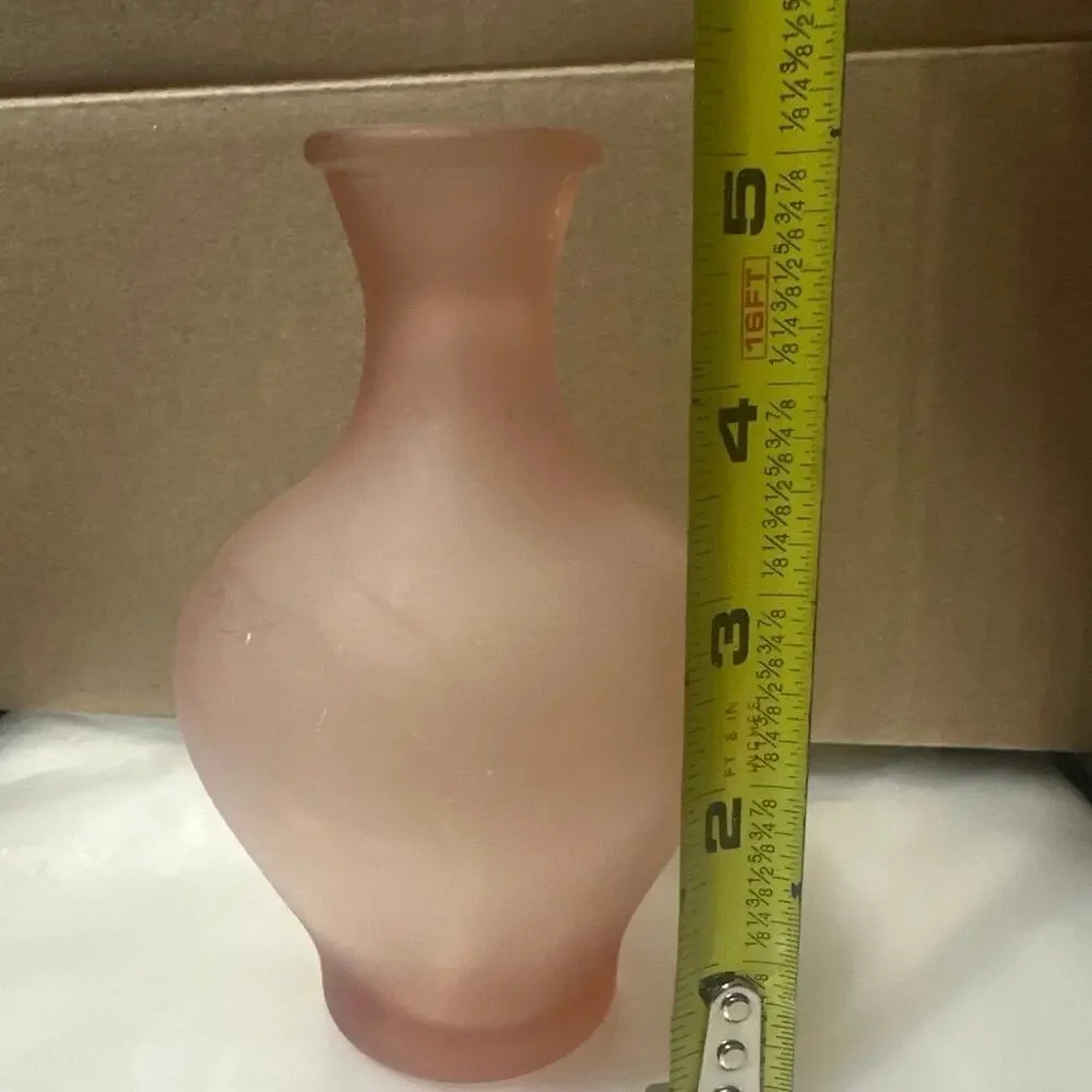 Vintage satan art glass case Pink with hand painted flowers  5” tall